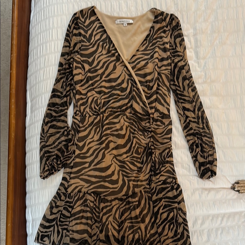 The Vanity Room Tan and Cream Long Sleeve Sheath Dress